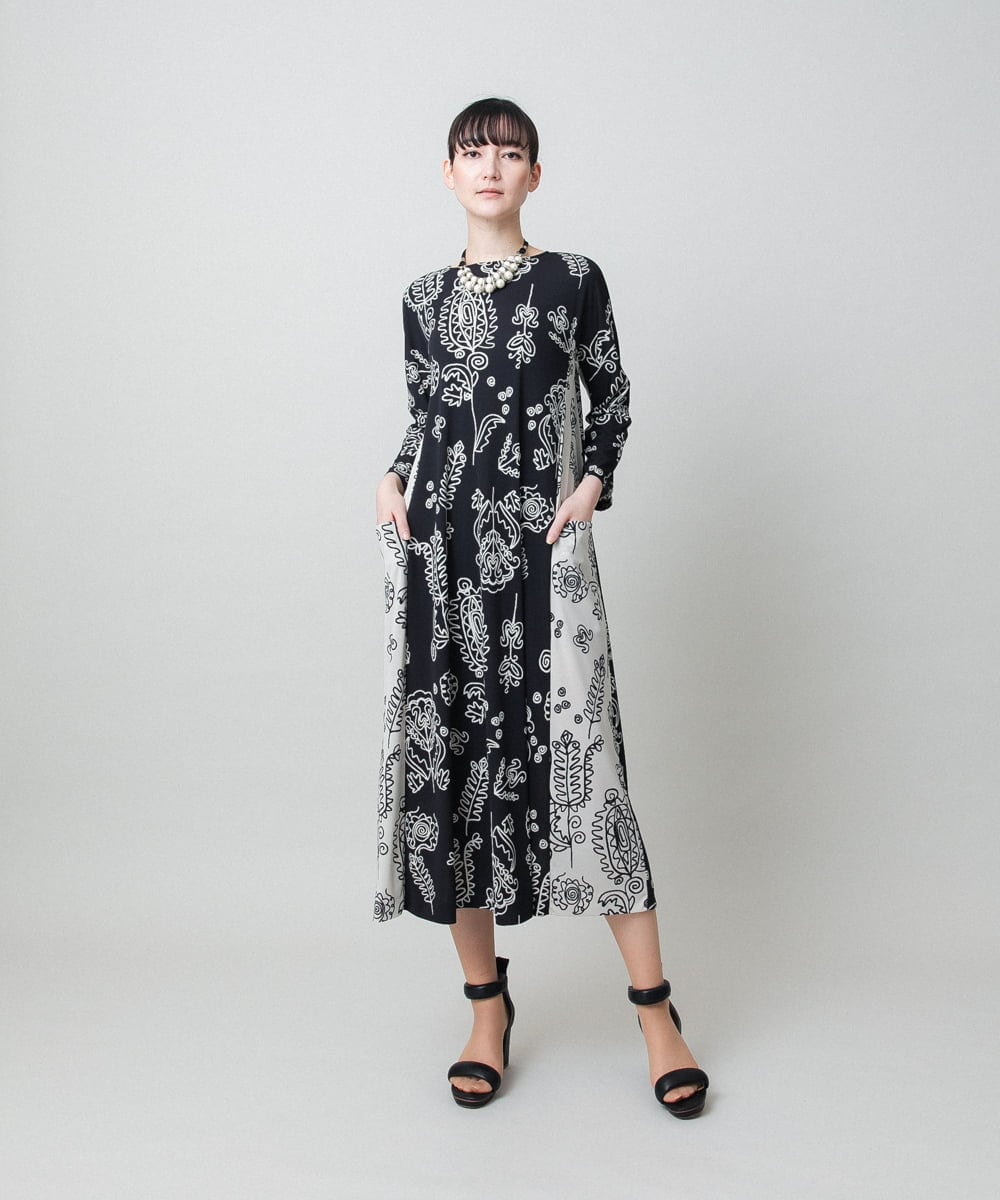 RHPFF04690 HIROKO KOSHINO(ヒロココシノ) ボタニカルプリントサイドポケットワンピース /日本製/洗える ブラック