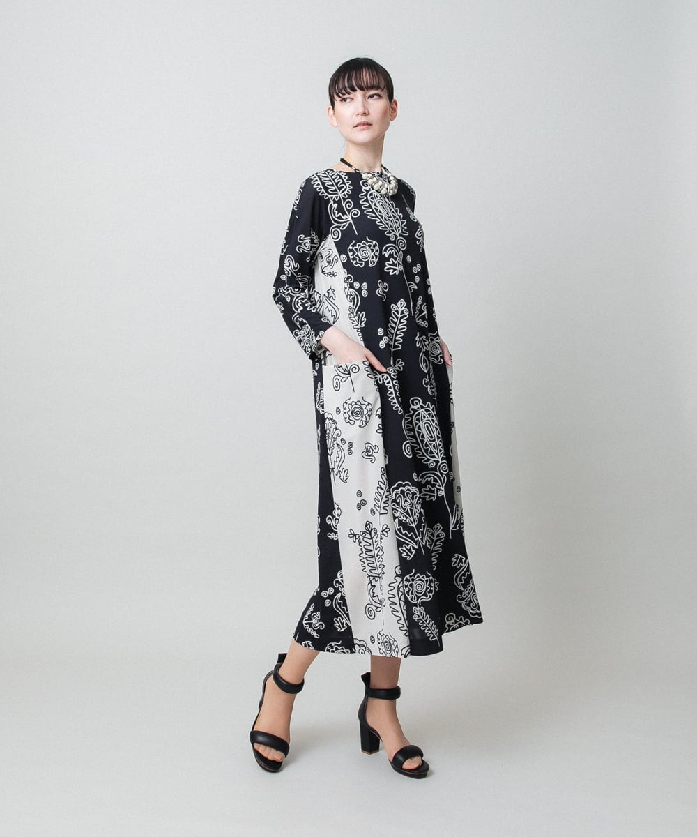 RHPFF04690 HIROKO KOSHINO(ヒロココシノ) ボタニカルプリントサイドポケットワンピース /日本製/洗える ブラック