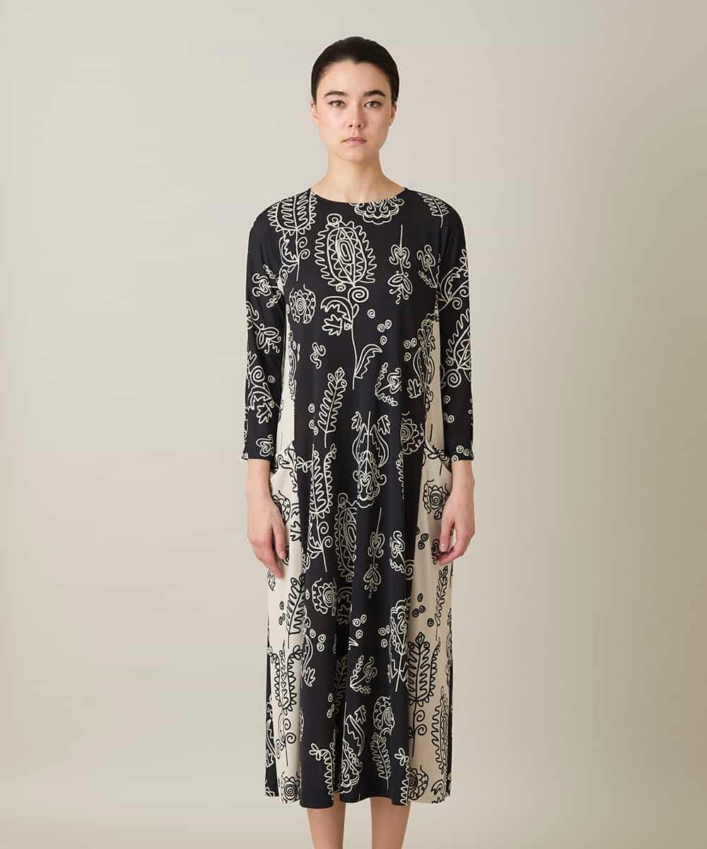 RHPFF04690 HIROKO KOSHINO(ヒロココシノ) ボタニカルプリントサイドポケットワンピース /日本製/洗える ブラック