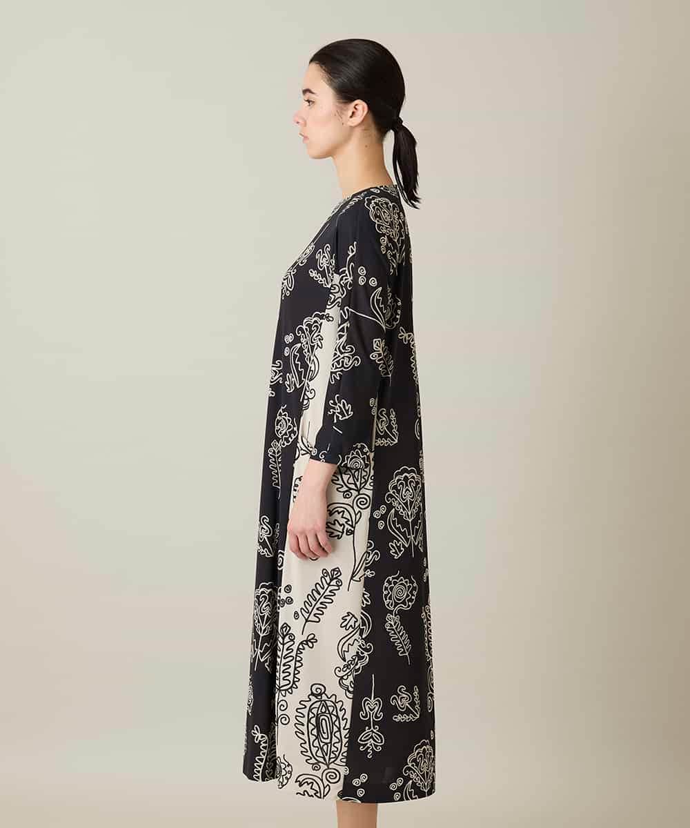 RHPFF04690 HIROKO KOSHINO(ヒロココシノ) ボタニカルプリントサイドポケットワンピース /日本製/洗える ブラック