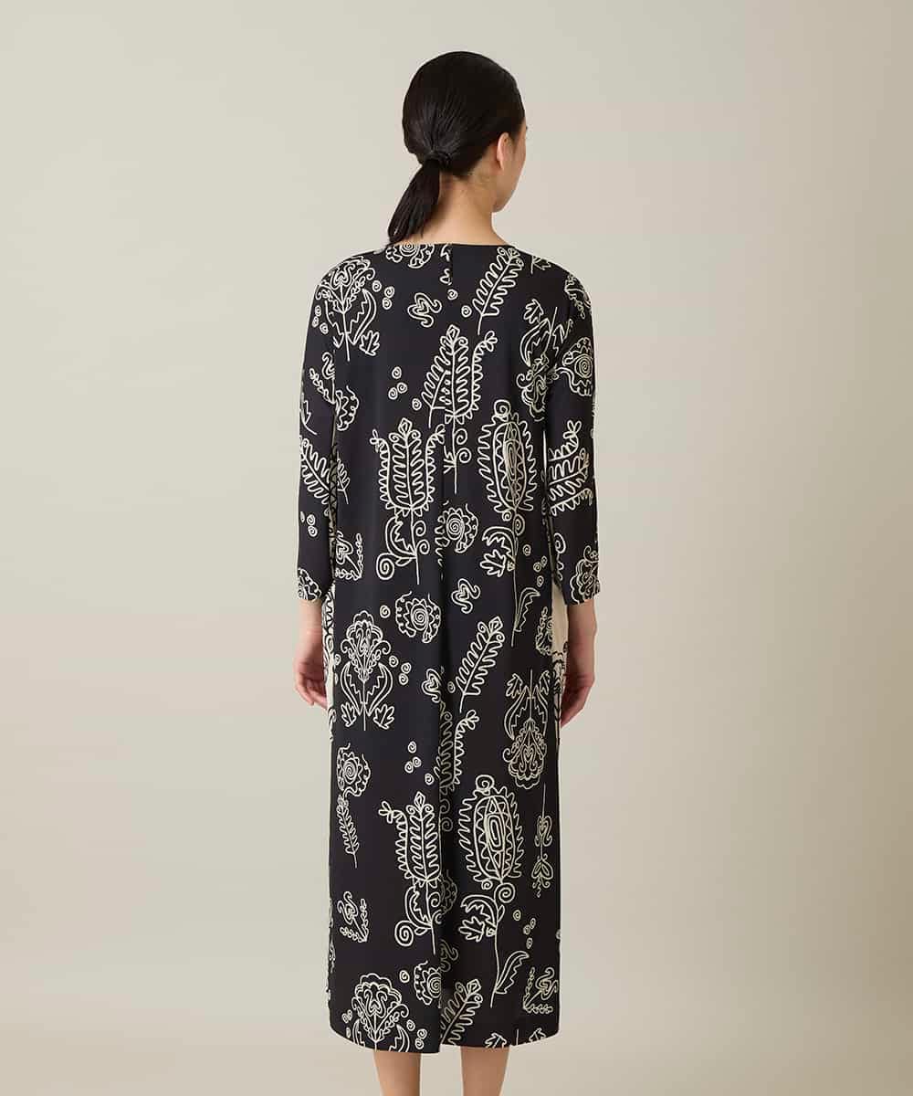 RHPFF04690 HIROKO KOSHINO(ヒロココシノ) ボタニカルプリントサイドポケットワンピース /日本製/洗える ブラック