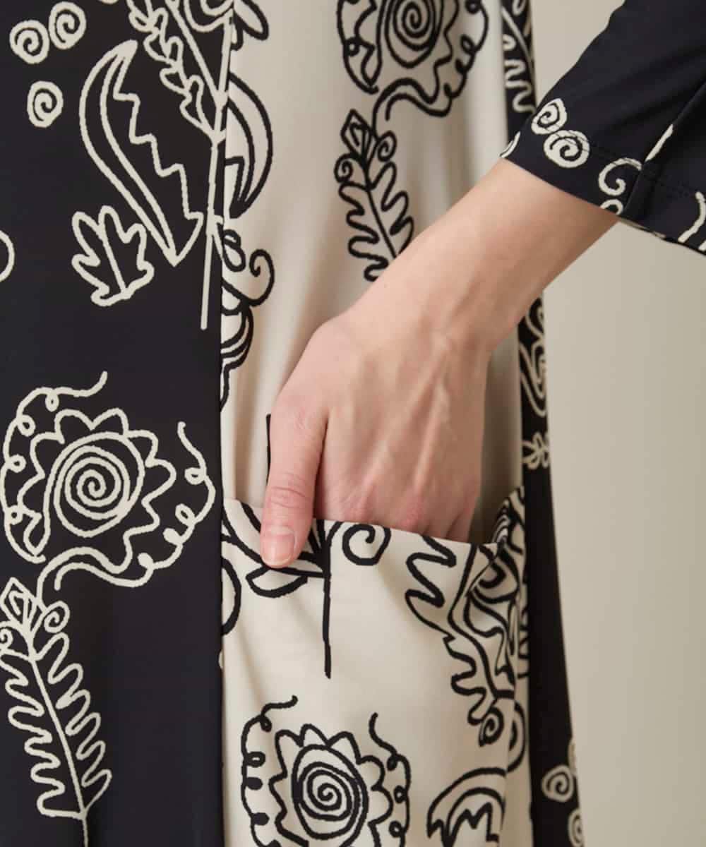 RHPFF04690 HIROKO KOSHINO(ヒロココシノ) ボタニカルプリントサイドポケットワンピース /日本製/洗える ブラック