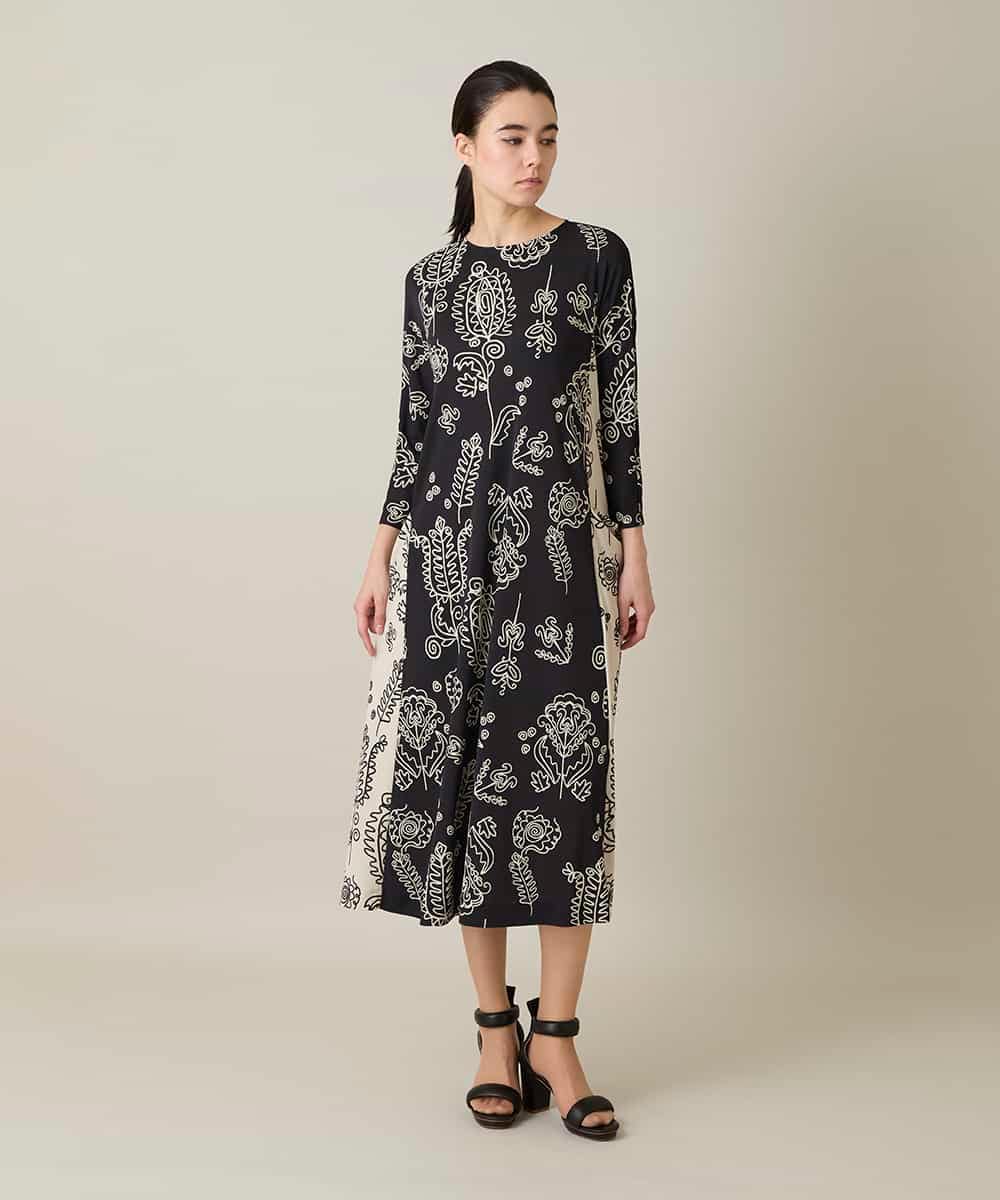 RHPFF04690 HIROKO KOSHINO(ヒロココシノ) ボタニカルプリントサイドポケットワンピース /日本製/洗える ブラック