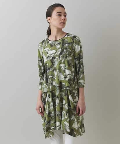 RHPFV44540 HIROKO KOSHINO 【日本製/洗える】タックアクセントハケ柄カットソーチュニック