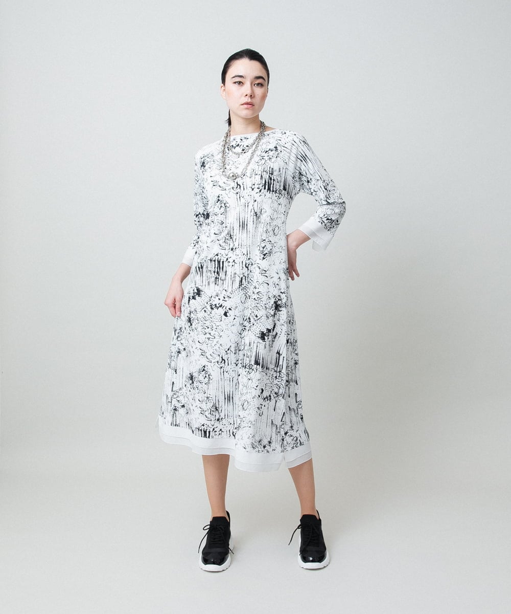 RHPGD16490 HIROKO KOSHINO(ヒロココシノ) インクペインティングワンピース/日本製/洗える ホワイト