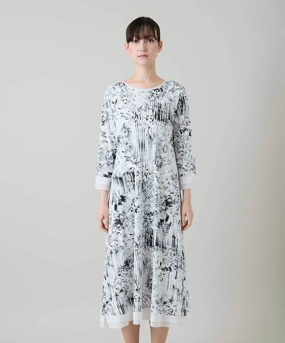 RHPGD16490 HIROKO KOSHINO(ヒロココシノ) インクペインティングワンピース/日本製/洗える ホワイト