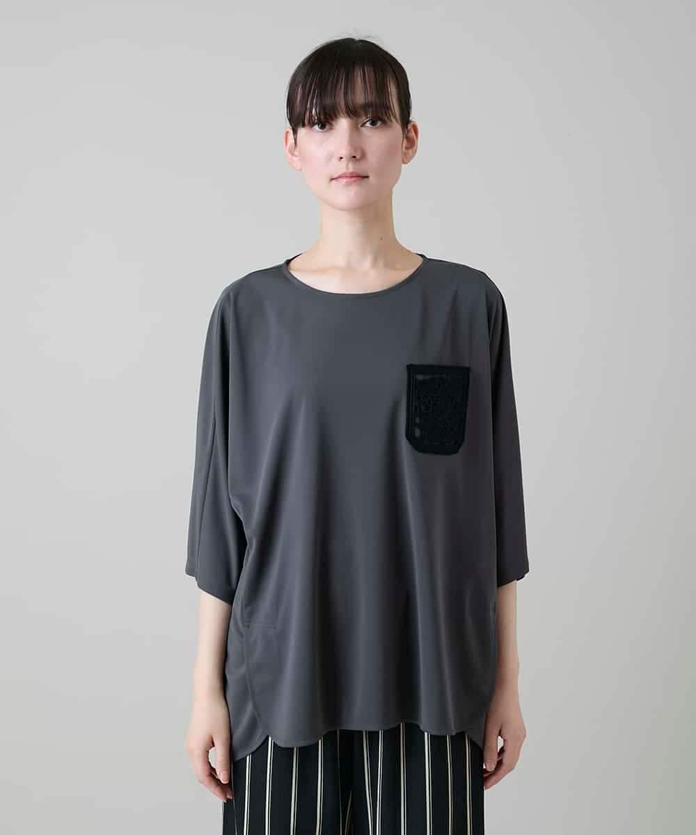 RHPGF12360 HIROKO KOSHINO(ヒロココシノ) 刺繍ポケットデザインカットソー/日本製/洗える グレー