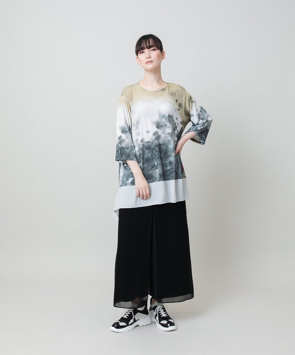 RHPHE05490 HIROKO KOSHINO(ヒロココシノ) 墨絵プリントデザインチュニック /日本製/洗える ベージュ