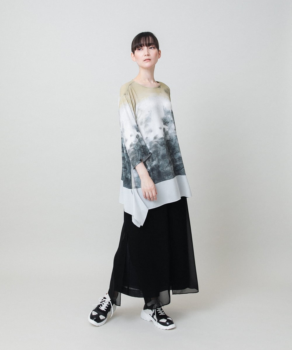 RHPHE05490 HIROKO KOSHINO(ヒロココシノ) 墨絵プリントデザインチュニック /日本製/洗える ベージュ