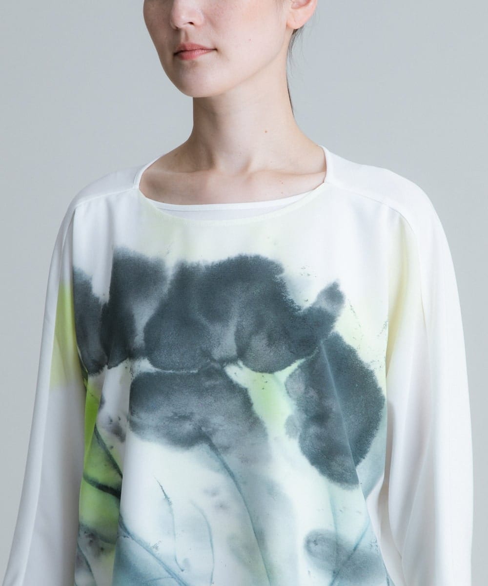 RHPHT46450 HIROKO KOSHINO(ヒロココシノ) 【洗える/日本製】墨絵プリントチュニックTシャツ ライトイエロー