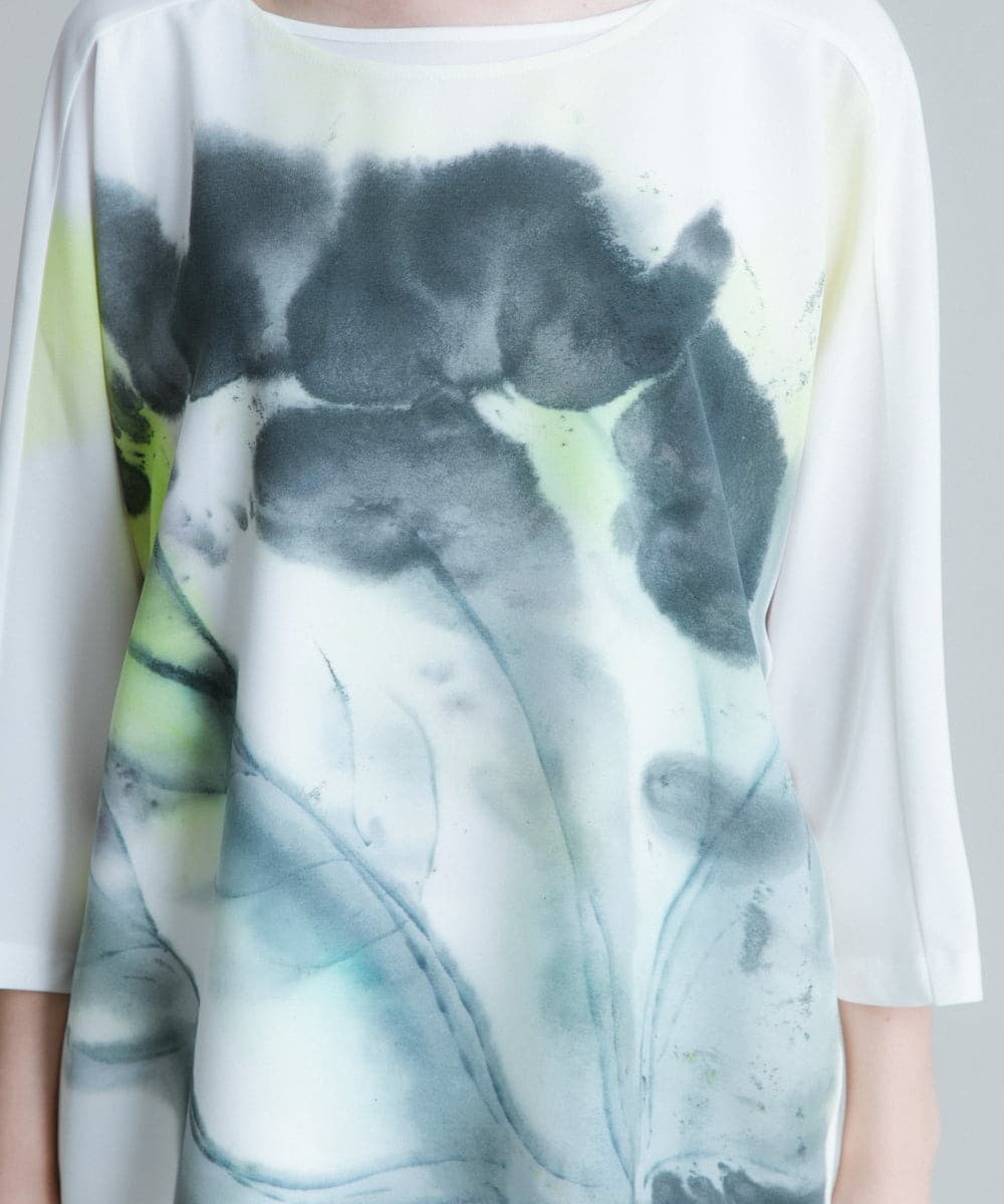 RHPHT46450 HIROKO KOSHINO(ヒロココシノ) 【洗える/日本製】墨絵プリントチュニックTシャツ ライトイエロー