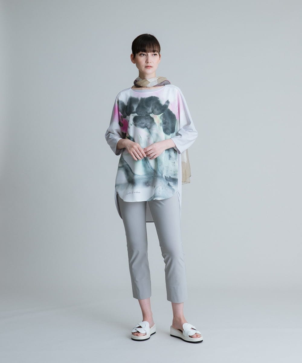 RHPHT46450 HIROKO KOSHINO(ヒロココシノ) 【洗える/日本製】墨絵プリントチュニックTシャツ ライトイエロー