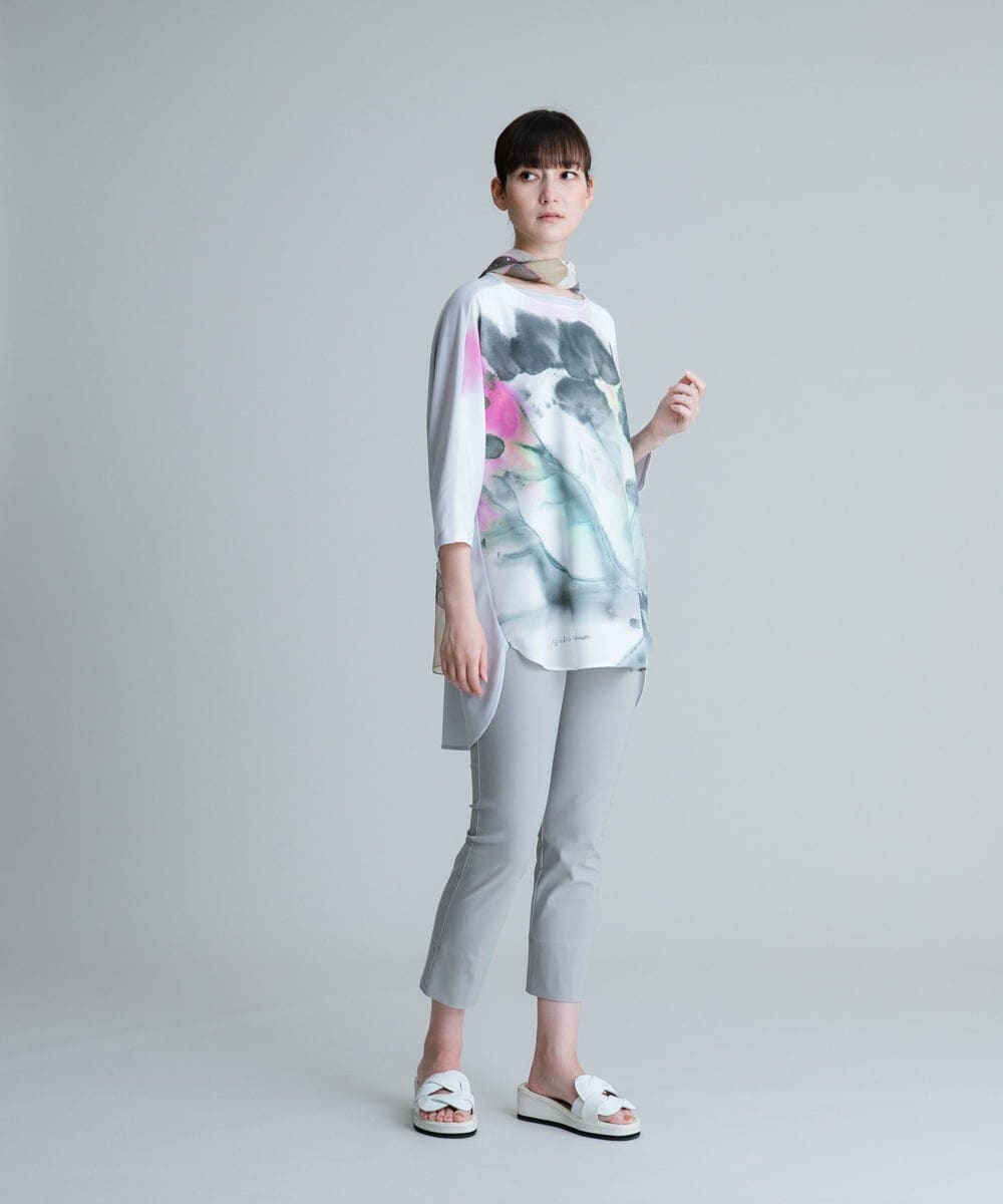 RHPHT46450 HIROKO KOSHINO(ヒロココシノ) 【洗える/日本製】墨絵プリントチュニックTシャツ ライトイエロー