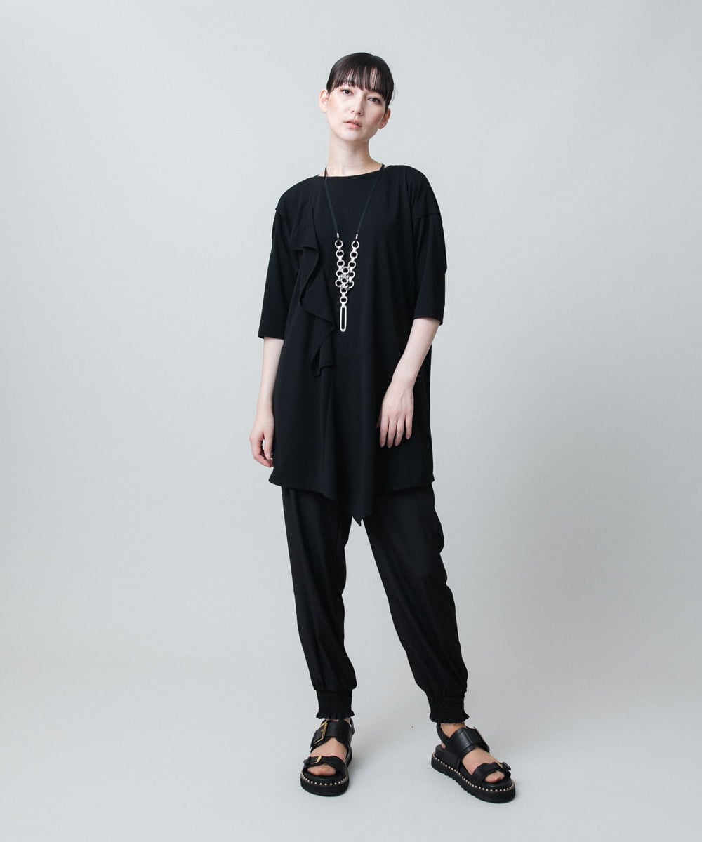 RHPJB23450 HIROKO KOSHINO(ヒロココシノ) ドレープフリルアシンメトリーカットチュニック /日本製/洗える ブラック