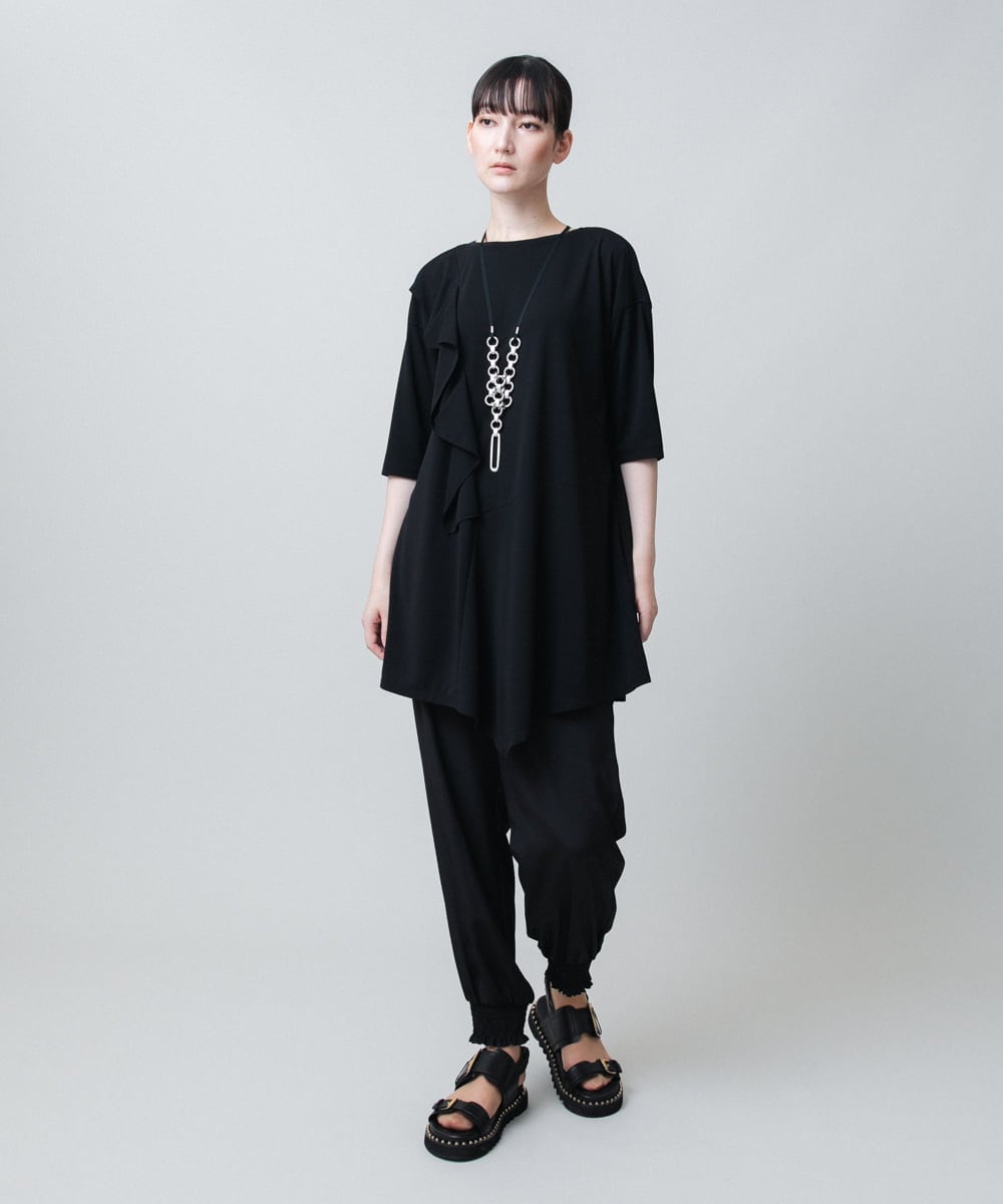 RHPJB23450 HIROKO KOSHINO(ヒロココシノ) ドレープフリルアシンメトリーカットチュニック /日本製/洗える ブラック