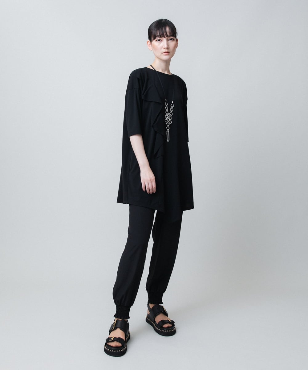 RHPJB23450 HIROKO KOSHINO(ヒロココシノ) ドレープフリルアシンメトリーカットチュニック /日本製/洗える ブラック