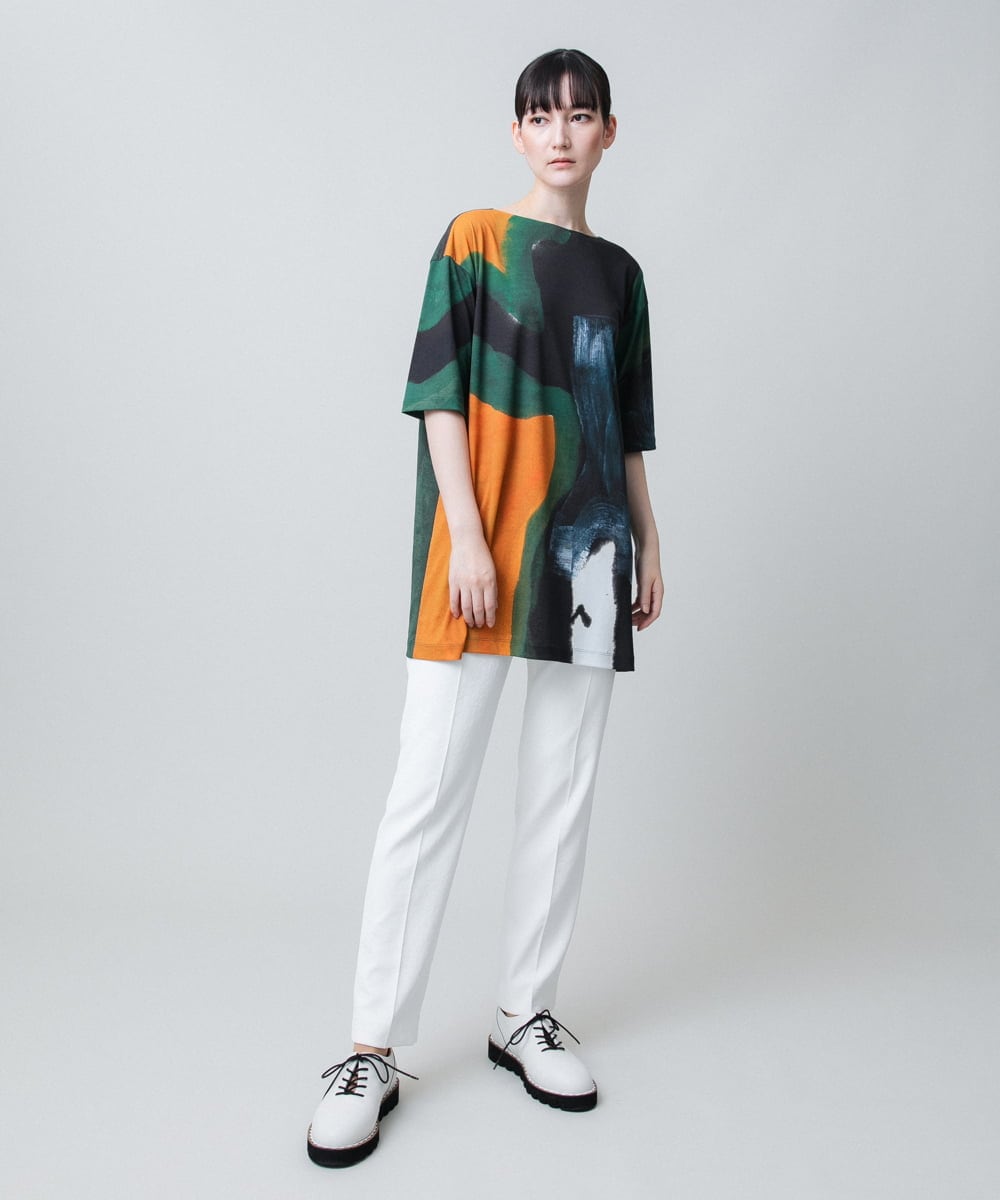 RHPJB24490 HIROKO KOSHINO(ヒロココシノ) モチーフプリントチュニック丈カットソー /日本製/洗える グリーン