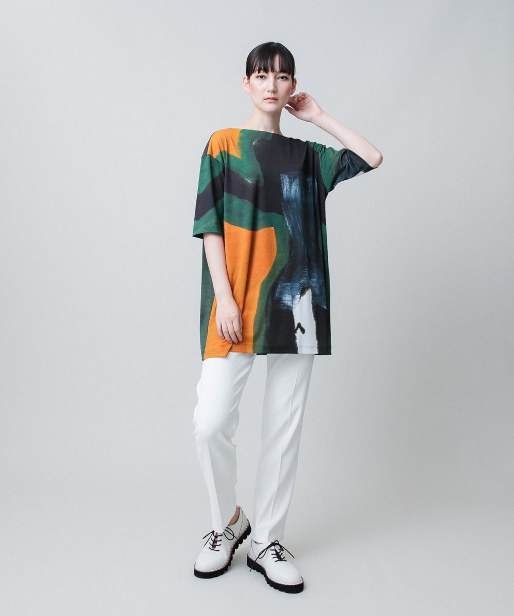 RHPJB24490 HIROKO KOSHINO(ヒロココシノ) モチーフプリントチュニック丈カットソー /日本製/洗える グリーン