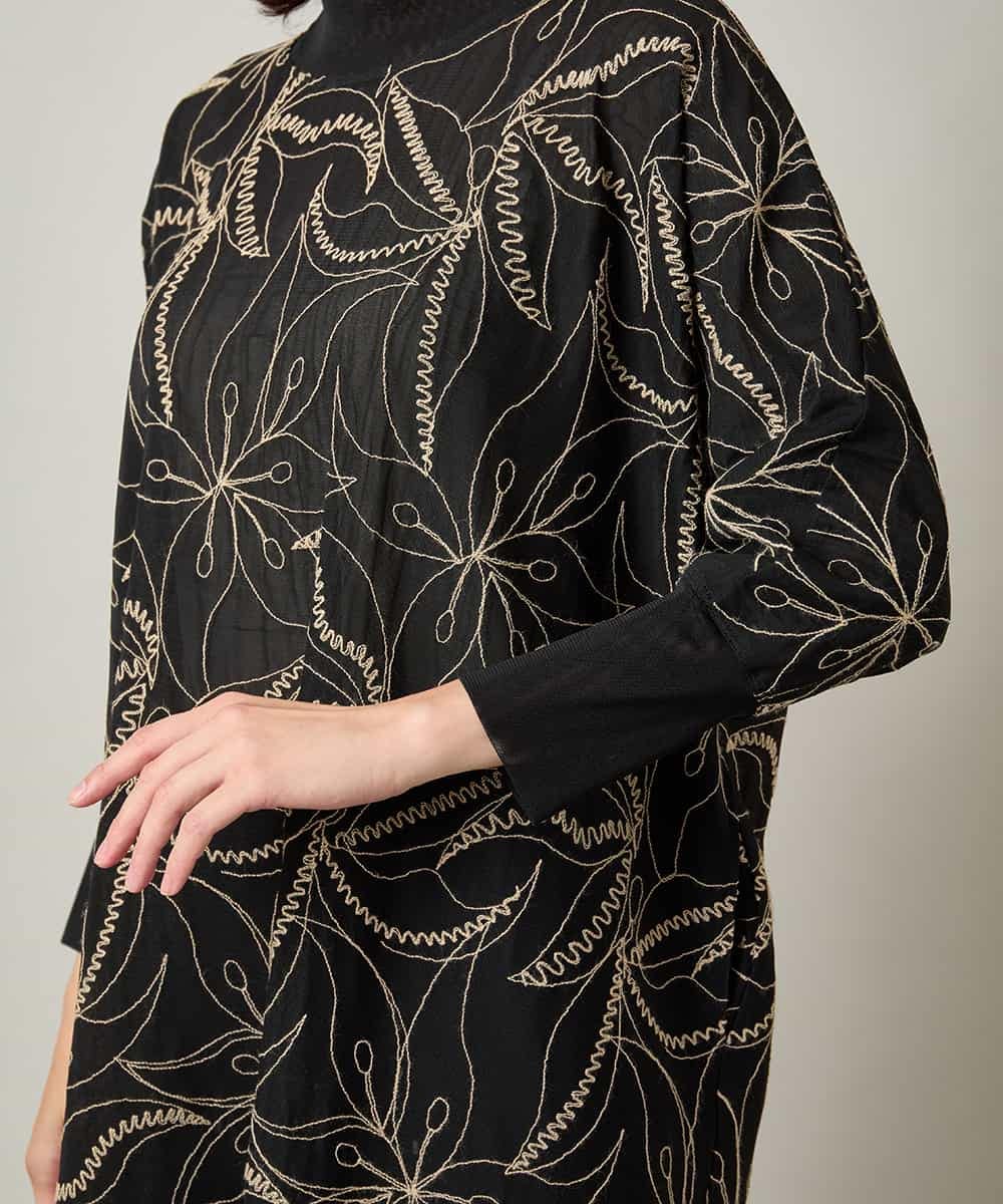 RHPJE25790 HIROKO KOSHINO(ヒロココシノ) アラベスク刺繍デザインチュールチュニック /日本製/洗える ブラック