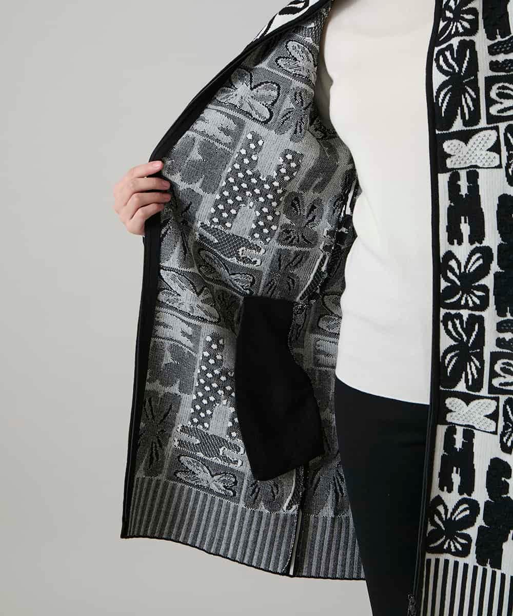 RHSAF06760 HIROKO KOSHINO(ヒロココシノ) フラワーロゴジャカードジップカーディガン/日本製 アイボリー