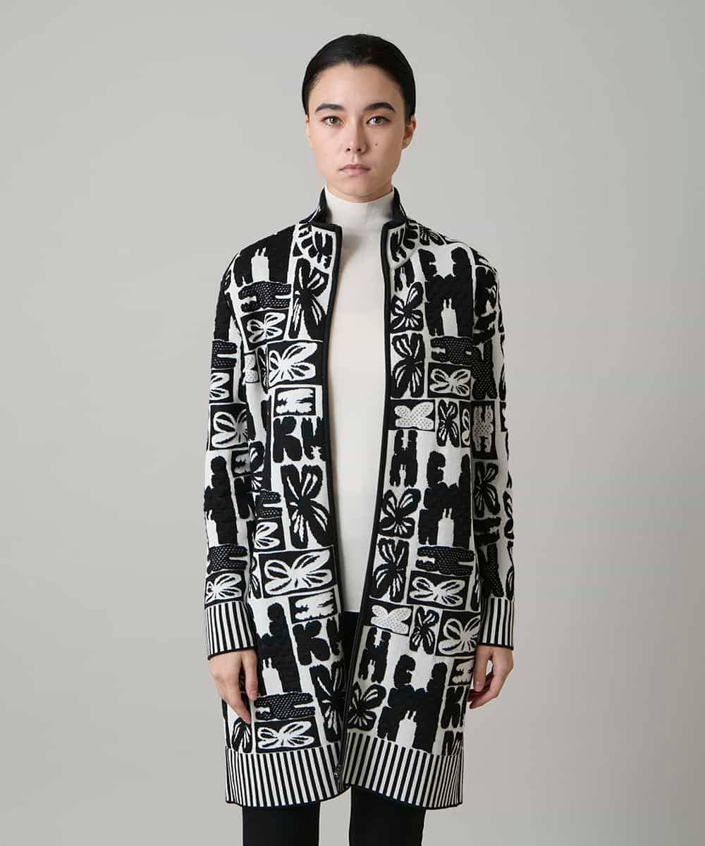 RHSAF06760 HIROKO KOSHINO(ヒロココシノ) フラワーロゴジャカードジップカーディガン/日本製 アイボリー