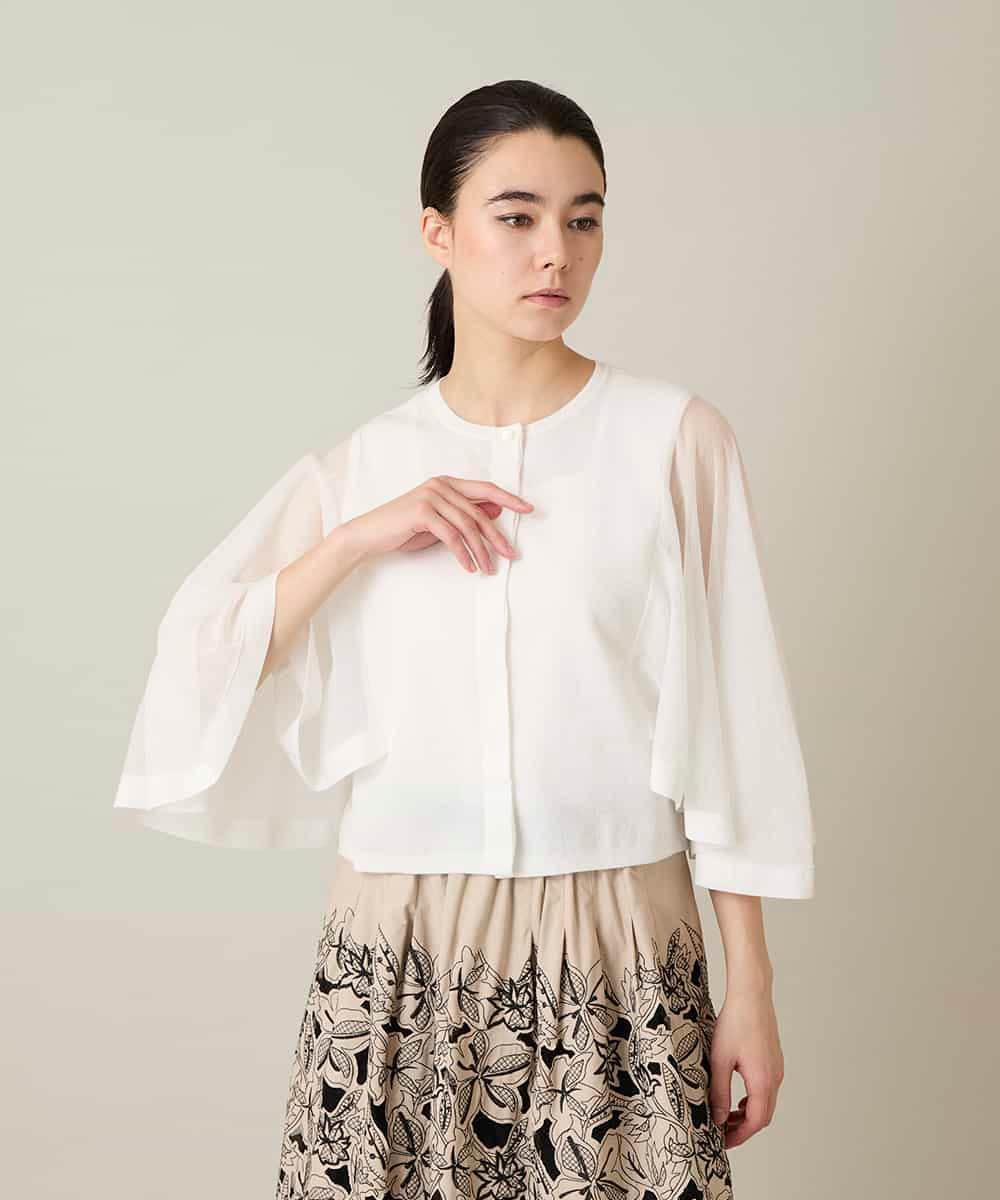 RHSFD03660 HIROKO KOSHINO(ヒロココシノ) フレアスリーブシアーニットカーディガン /洗える ホワイト