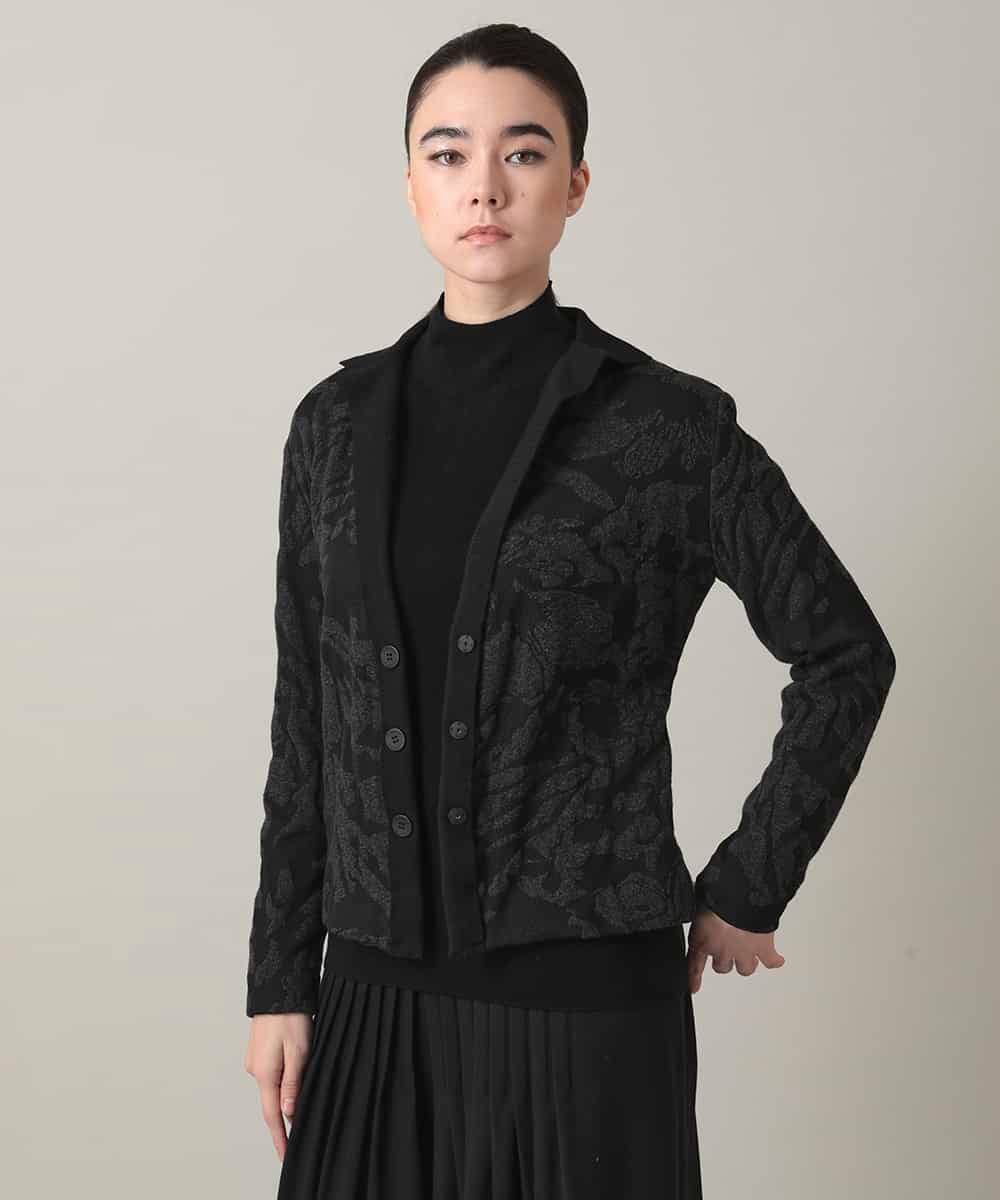 RHTAF45590 HIROKO KOSHINO(ヒロココシノ) リブカラージャカードニットカーディガン/日本製 ブラック