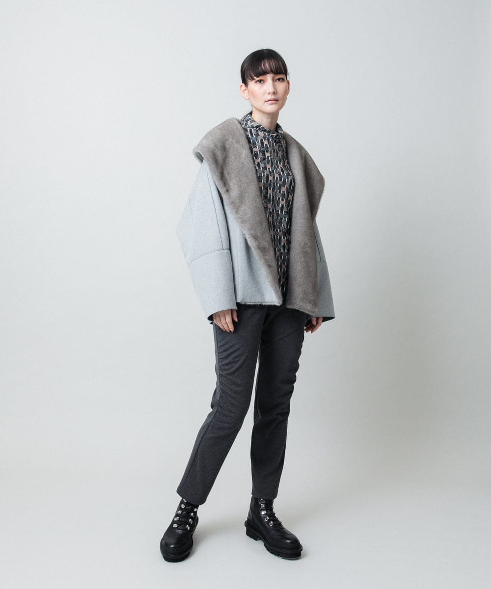 RHUCD31790 HIROKO KOSHINO(ヒロココシノ) 【ブラック：WEB/京王百貨店新宿店限定カラー】ショールカラーウールライクショートコート ライトグレー