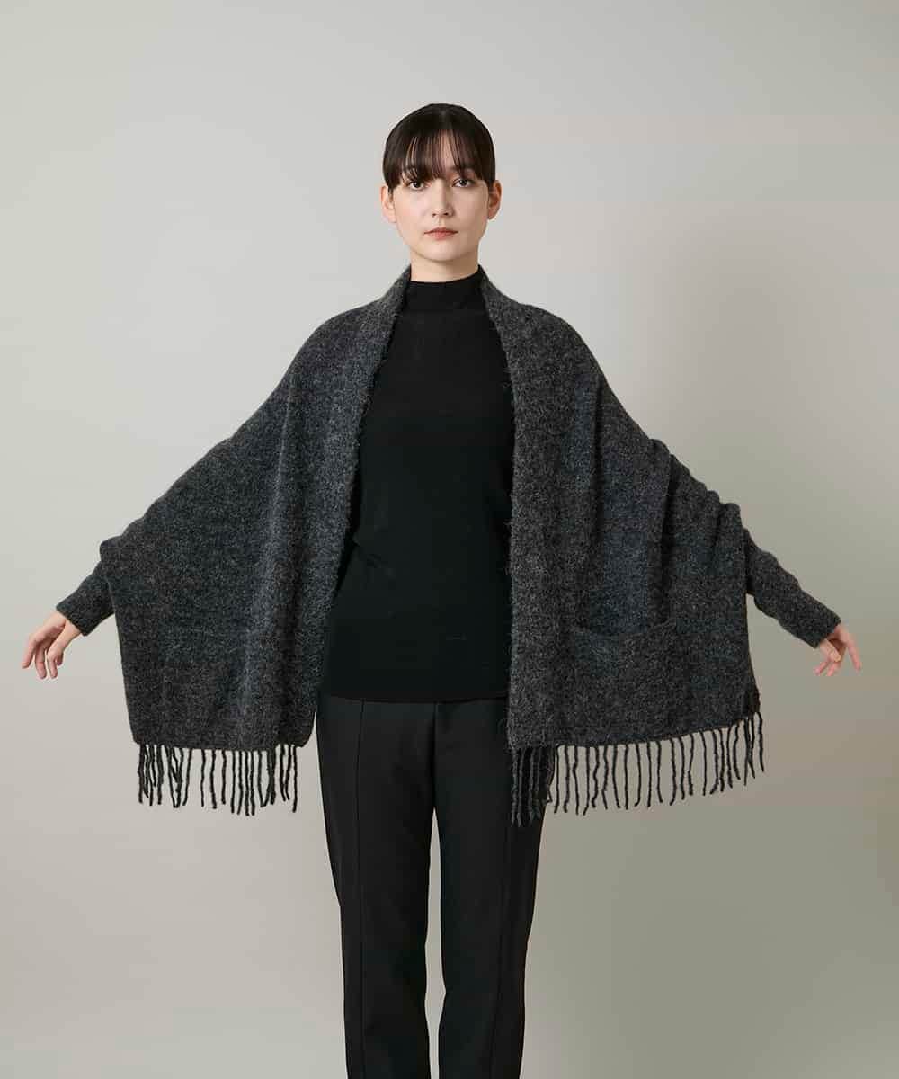 RK3CD02420 HIROKO KOSHINO(ヒロココシノ) フリンジニットストール ダークグレー