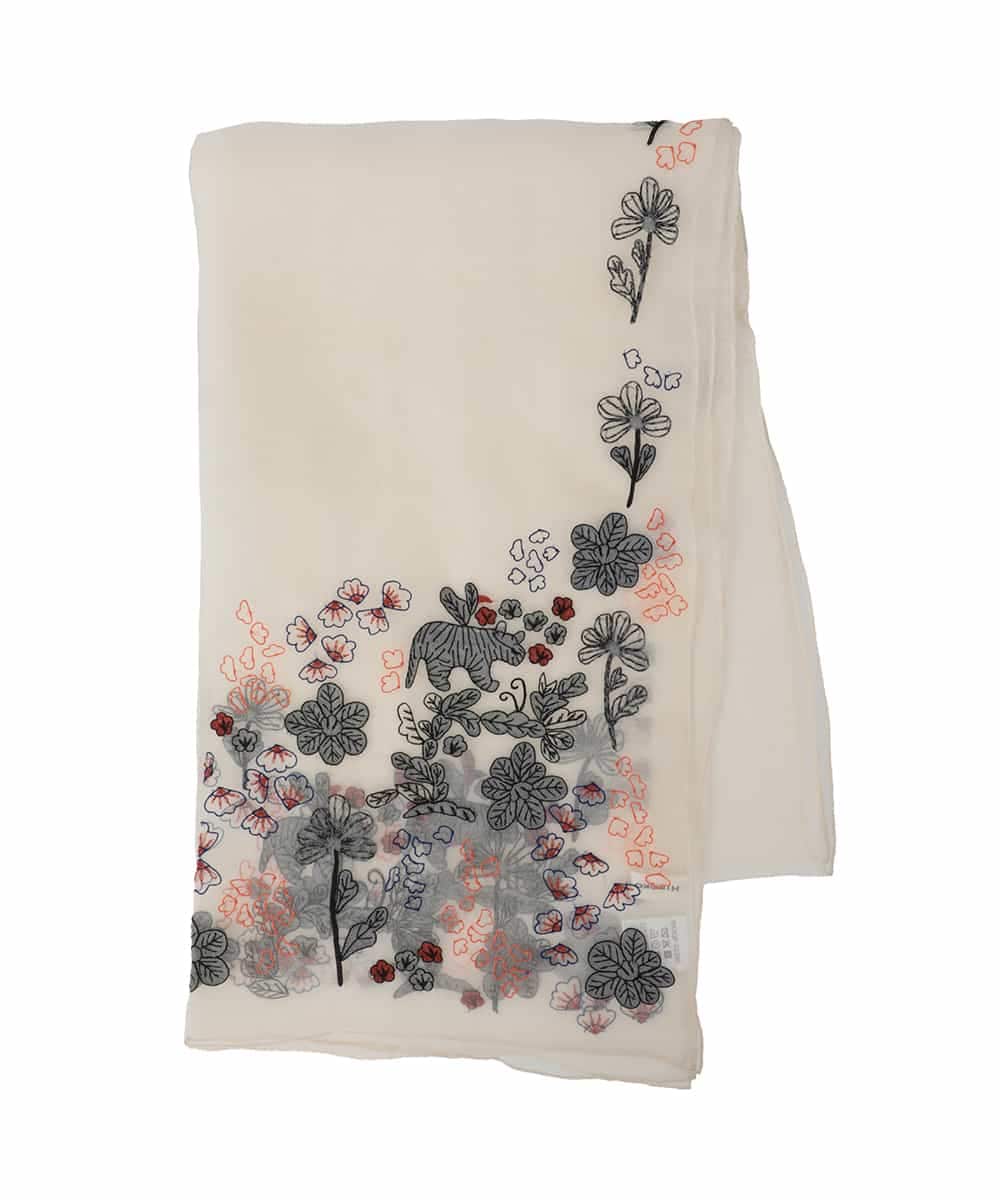 RK3GF02390 HIROKO KOSHINO(ヒロココシノ) オリエンタルアニマル刺繍ストール ホワイト