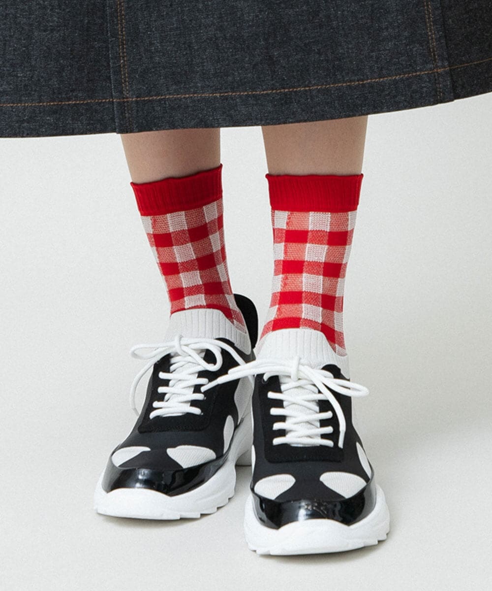 RK8GD01042 HIROKO KOSHINO(ヒロココシノ) チェックシースルーソックス /日本製/洗濯機で洗える レッド