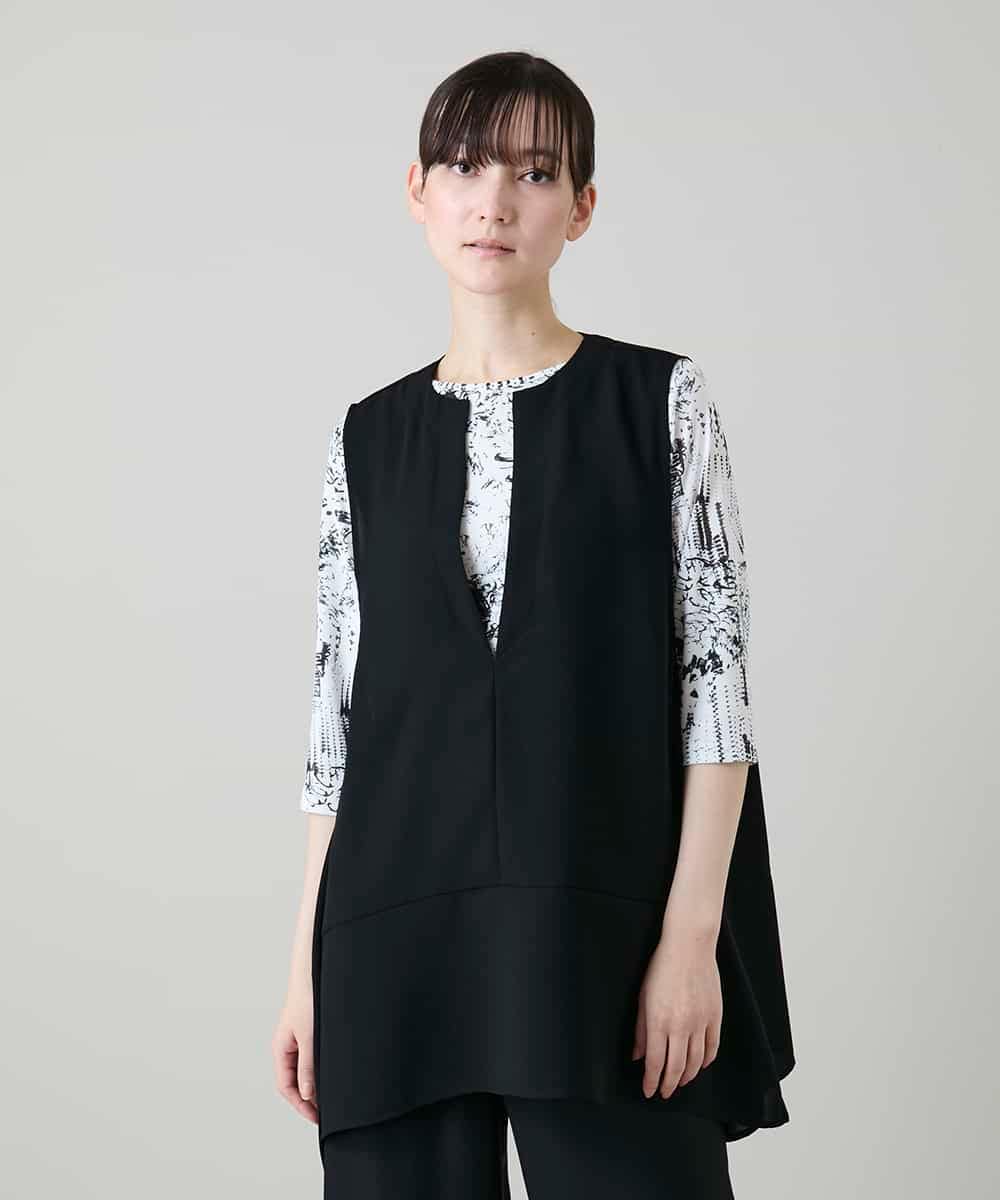 RKBGF01330 HIROKO KOSHINO(ヒロココシノ) Vカットデザインジレ/日本製/洗える ブラック