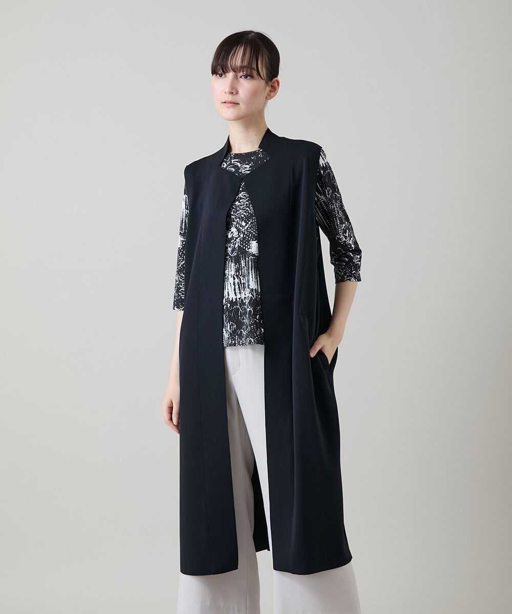 RKBGF02390 HIROKO KOSHINO(ヒロココシノ) 【WEB/京王百貨店新宿店限定】カットラペルジャージーロングジレ/日本製/洗える ブラック