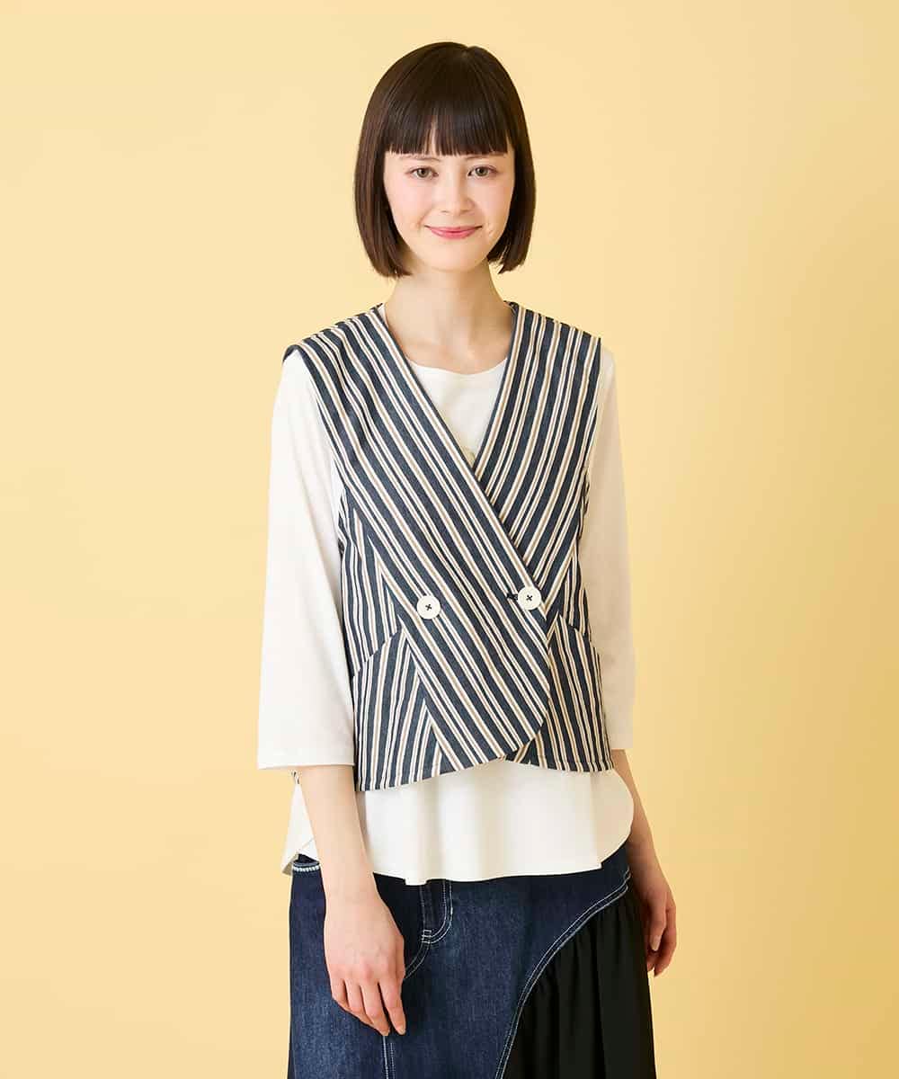 RLBED15290 HIROKO BIS GRANDE(ヒロコ ビス グランデ) 【大きいサイズ】ストライプショートジレ /洗える ネイビー