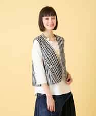 RLBED15290 HIROKO BIS GRANDE(ヒロコ ビス グランデ) 【大きいサイズ】ストライプショートジレ /洗える ネイビー