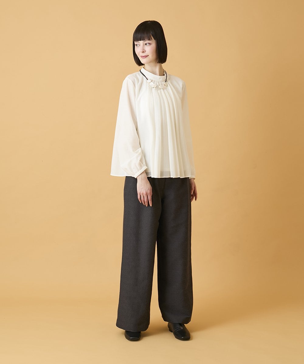 RLBED50280 HIROKO BIS GRANDE(ヒロコ ビス グランデ) 【大きいサイズ】スタンドカラーかまぼこプリーツブラウス /洗える ダークグレー