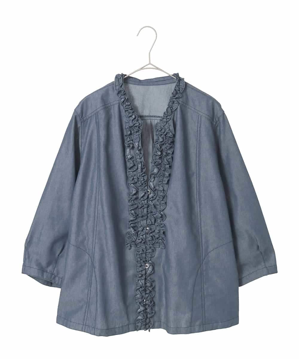 RLBFD40250 HIROKO BIS GRANDE(ヒロコ ビス グランデ) 【大きいサイズ】フリルアクセントダンガリーブラウス ネイビー