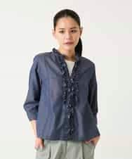 RLBFD40250 HIROKO BIS GRANDE(ヒロコ ビス グランデ) 【大きいサイズ】フリルアクセントダンガリーブラウス ネイビー