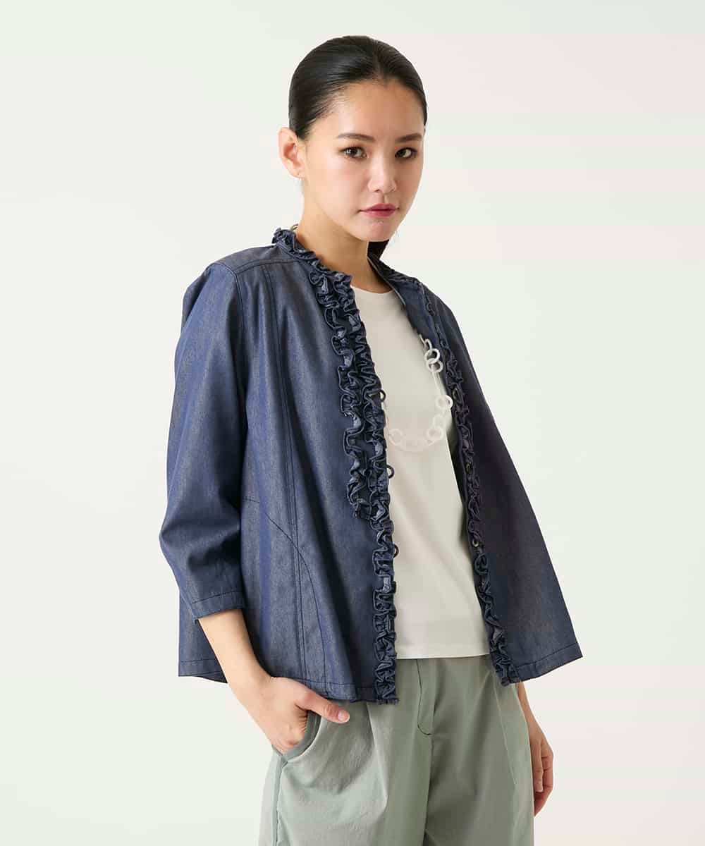 RLBFD40250 HIROKO BIS GRANDE(ヒロコ ビス グランデ) 【大きいサイズ】フリルアクセントダンガリーブラウス ネイビー