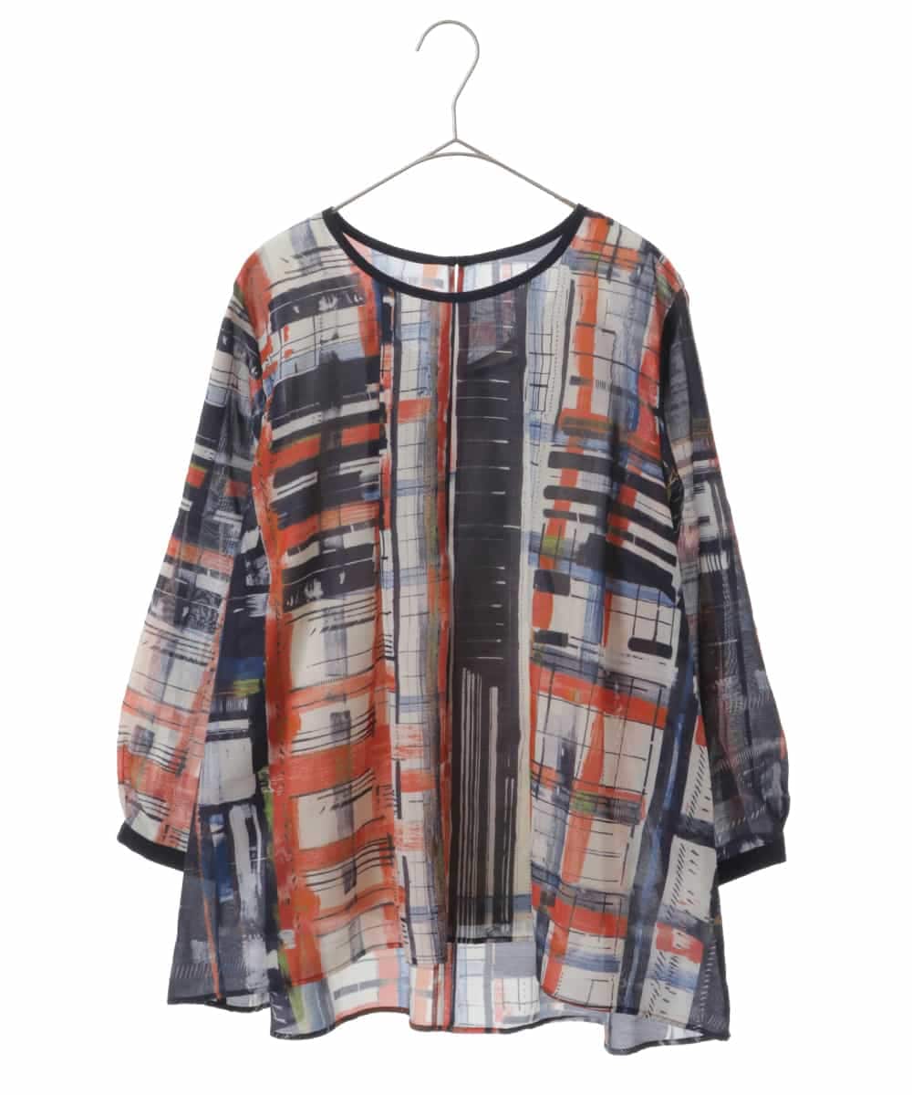 RLBFW10290 HIROKO BIS GRANDE(ヒロコ ビス グランデ) 【大きいサイズ】アーティーチェックデザインブラウス /洗濯機で洗える ネイビー