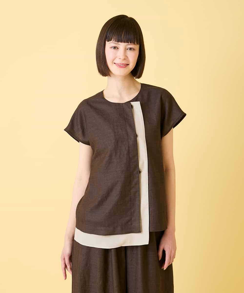RLBGE11280 HIROKO BIS GRANDE(ヒロコ ビス グランデ) 【先行予約/大きいサイズ】カラーブロックデザインブラウス ブラウン
