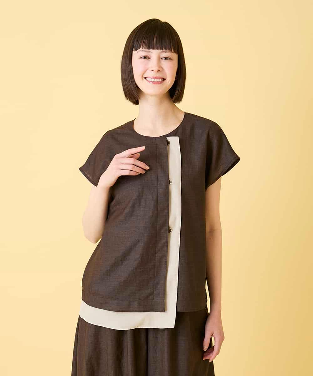 RLBGE11280 HIROKO BIS GRANDE(ヒロコ ビス グランデ) 【先行予約/大きいサイズ】カラーブロックデザインブラウス ブラウン
