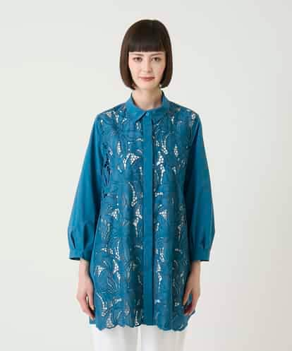 RLBGE21380 HIROKO BIS GRANDE 【大きいサイズ】フラワー刺繍コットンロングシャツ