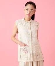 RLBHE01310 HIROKO BIS GRANDE(ヒロコ ビス グランデ) 【大きいサイズ】オーガンジー刺繍デザインジレ /洗える ベージュ