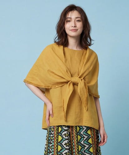 RLBHV31250  【大きいサイズ/ストール付き】バックギャザー麻ブラウス /洗える