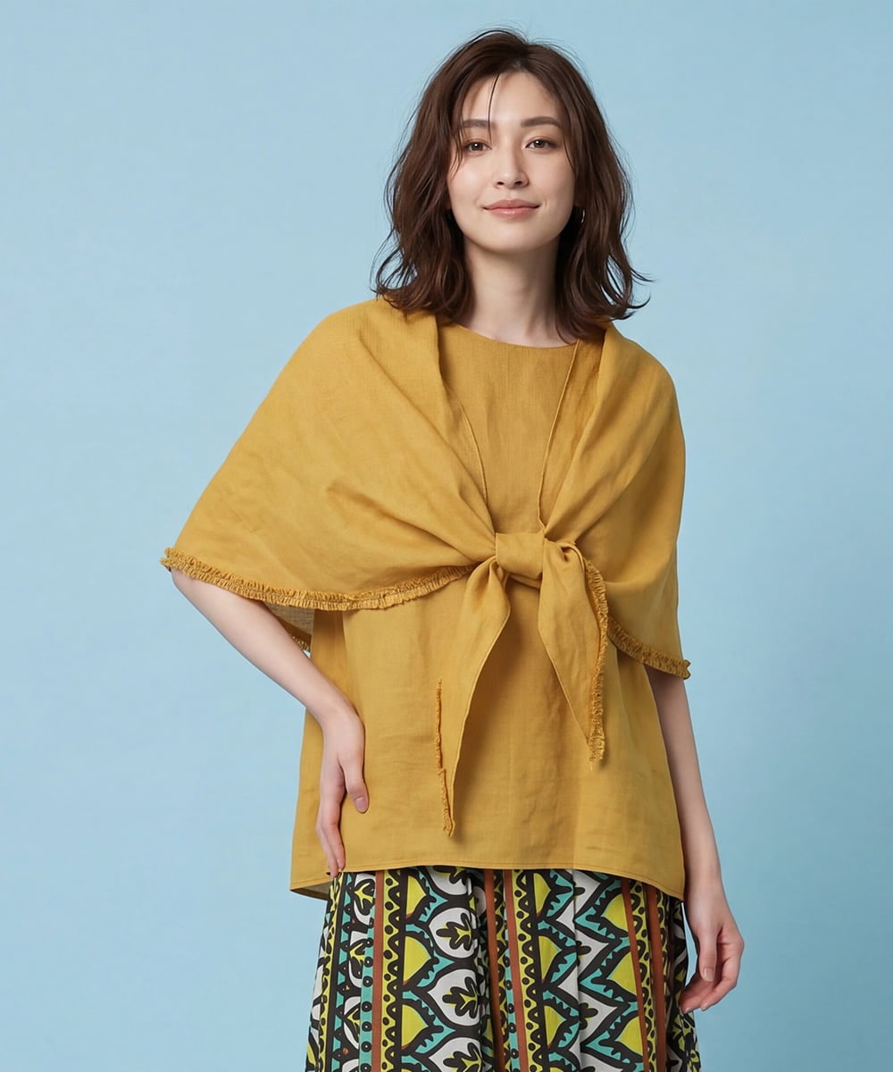 RLBHV31250 HIROKO BIS GRANDE(ヒロコ ビス グランデ) 【大きいサイズ/ストール付き】バックギャザー麻ブラウス /洗える イエロー