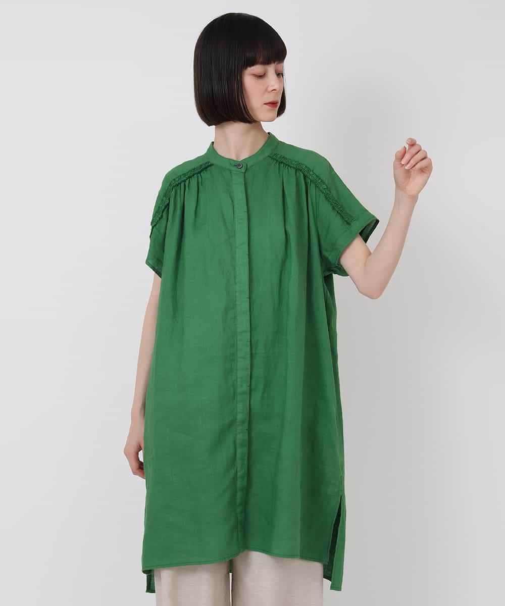 RLBHV32250 HIROKO BIS GRANDE(ヒロコ ビス グランデ) 【大きいサイズ】麻製品染めロング丈ブラウス /洗える グリーン