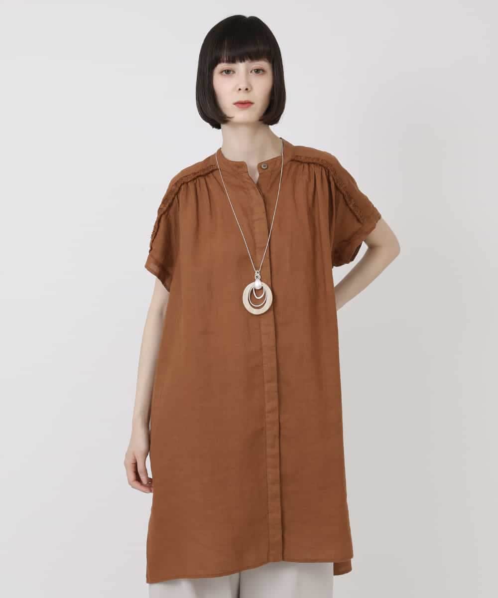 RLBHV32250 HIROKO BIS GRANDE(ヒロコ ビス グランデ) 【大きいサイズ】麻製品染めロング丈ブラウス /洗える ブラウン