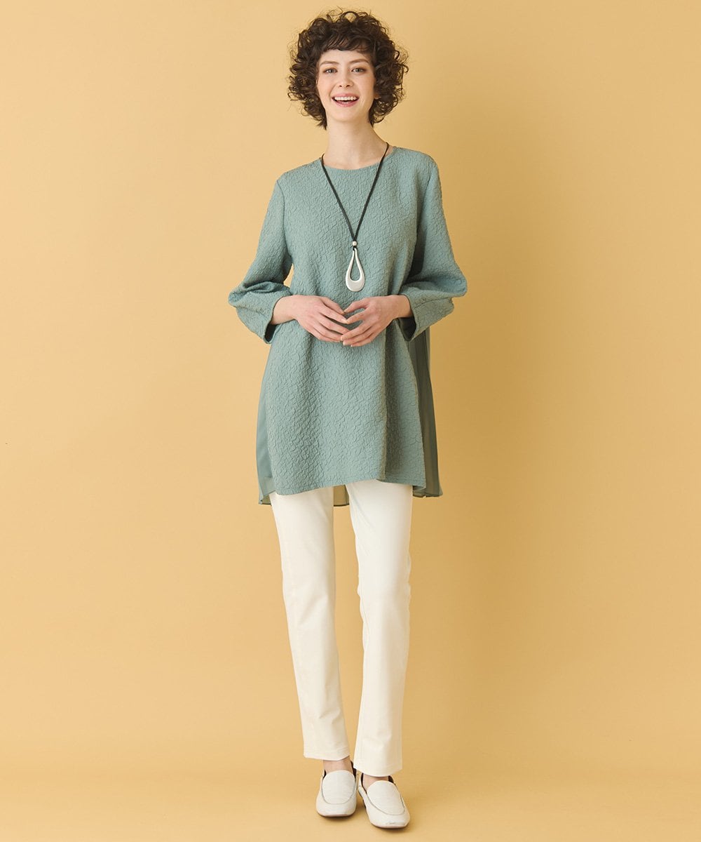 RLBIW41310 HIROKO BIS GRANDE(ヒロコ ビス グランデ) 【大きいサイズ】ふくれジャカードプリーツジョイントチュニック /洗える グリーン