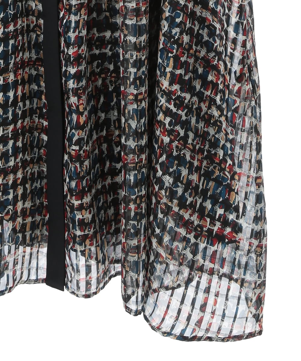 RLEAB03510 HIROKO BIS GRANDE(ヒロコ ビス グランデ) 【大きいサイズ/リボンタイ付き】シアーチェックツイードプリントワンピース /洗濯機で洗える ブルー